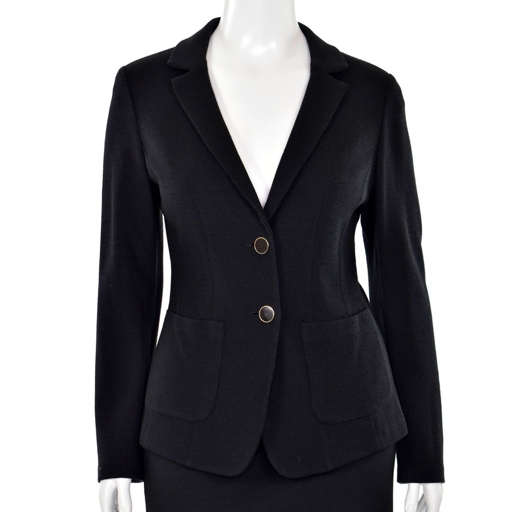 St. John Caviar 2-Button Wool Blend Pique Knit Jacket in Black